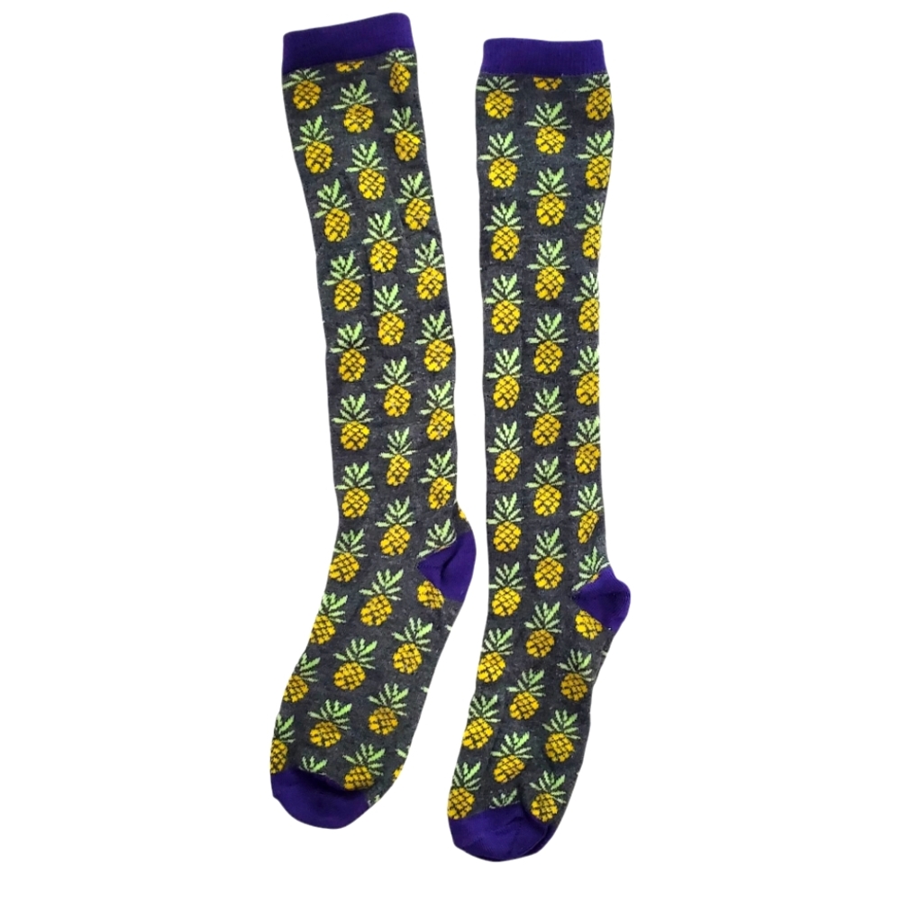 Womens Pineapple‎ Print Knee High Socks One Size Gray Yellow Purple